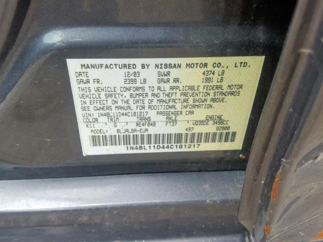 1N4BL11D44C181217 - 2004 NISSAN ALTIMA SE GRAY photo 10