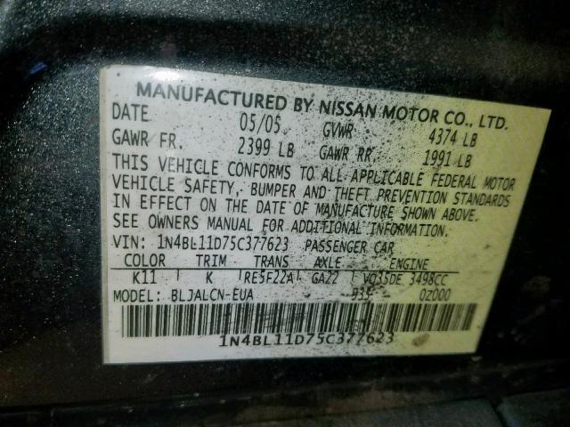 1N4BL11D75C377623 - 2005 NISSAN ALTIMA SE CHARCOAL photo 10