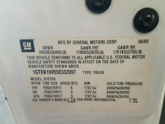 1GTEK19V55E332997 - 2005 GMC NEW SIERRA WHITE photo 10