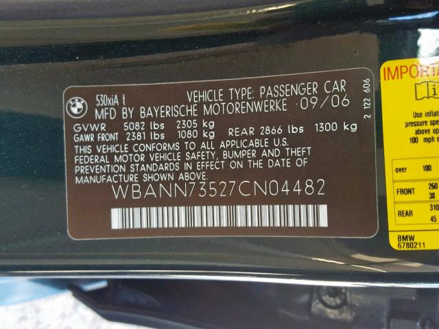 WBANN73527CN04482 - 2007 BMW 530 XIT GREEN photo 10