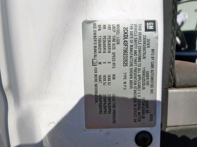 2CKDL43F796232625 - 2009 PONTIAC TORRENT WHITE photo 10