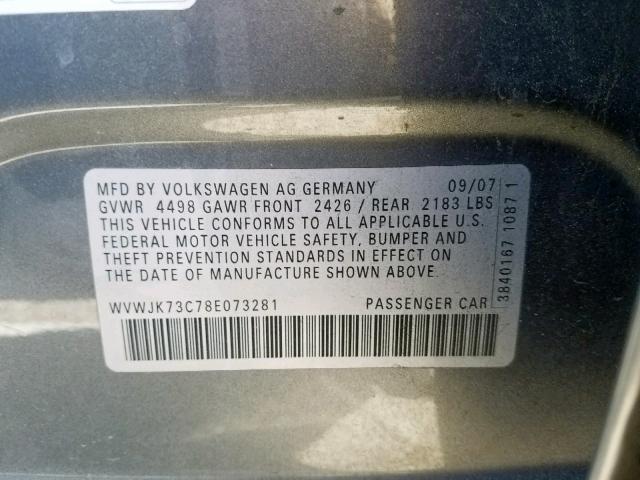 WVWJK73C78E073281 - 2008 VOLKSWAGEN PASSAT TUR CHARCOAL photo 10