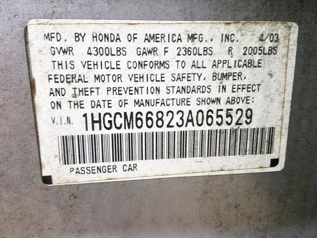 1HGCM66823A065529 - 2003 HONDA ACCORD EX SILVER photo 10