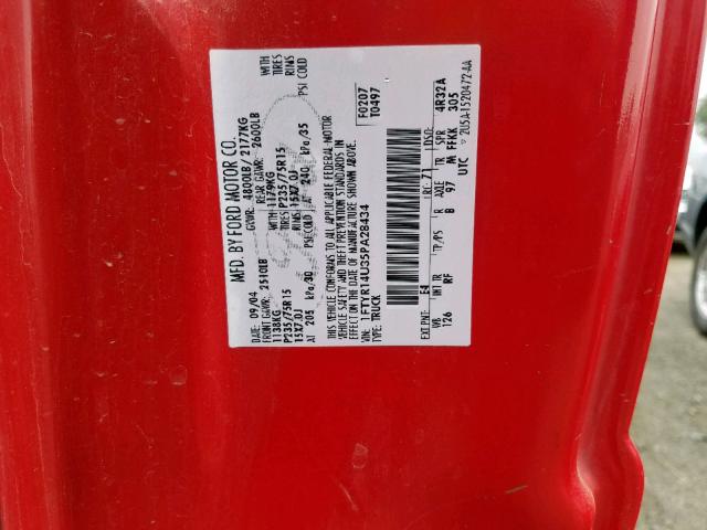 1FTYR14U35PA28434 - 2005 FORD RANGER SUP RED photo 10