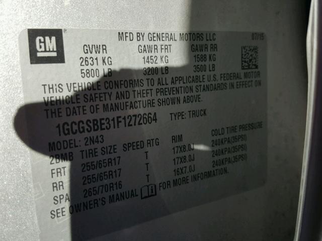 1GCGSBE31F1272664 - 2015 CHEVROLET COLORADO L SILVER photo 10