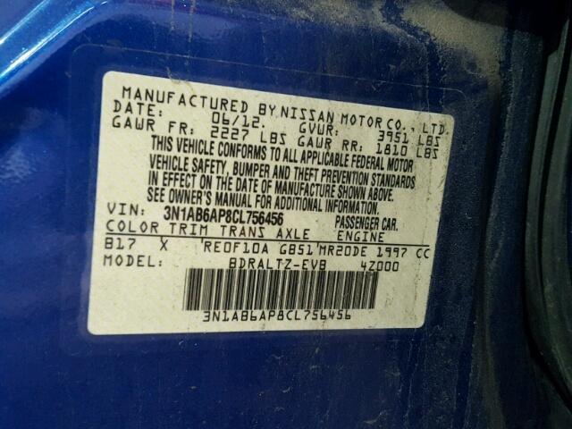 3N1AB6AP8CL756456 - 2012 NISSAN SENTRA 2.0 BLUE photo 10