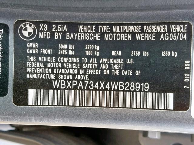 WBXPA734X4WB28919 - 2004 BMW X3 2.5I GRAY photo 10