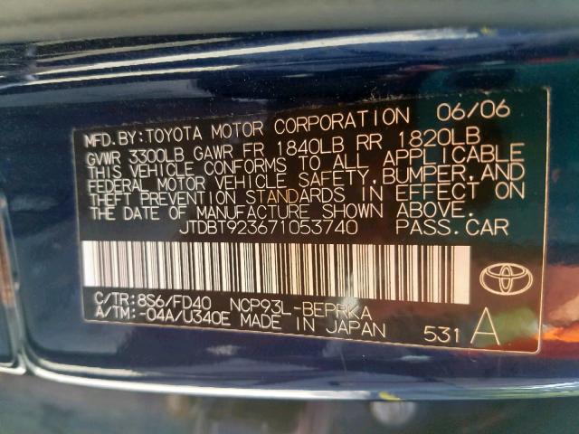 JTDBT923671053740 - 2007 TOYOTA YARIS BLUE photo 10