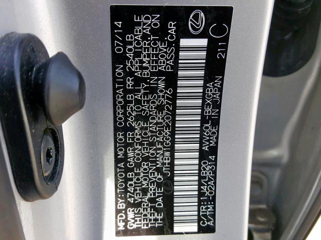 JTHBW1GG9E2072776 - 2014 LEXUS ES 300H SILVER photo 10