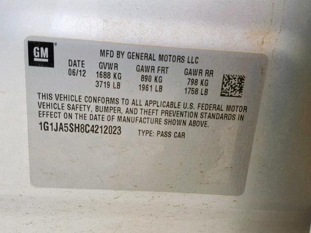 1G1JA5SH8C4212023 - 2012 CHEVROLET SONIC LS 银色 照片 10