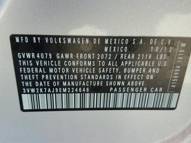 3VW2K7AJ9EM224646 - 2014 VOLKSWAGEN JETTA BASE SILVER photo 10