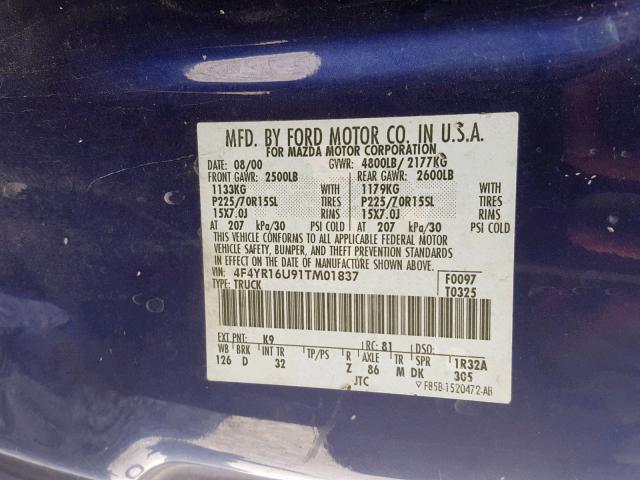 4F4YR16U91TM01837 - 2001 MAZDA B3000 CAB BLUE photo 10