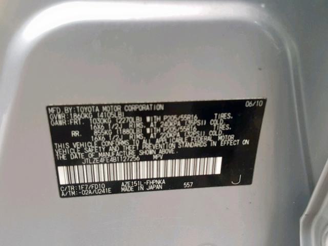 JTLZE4FE4B1127256 - 2011 TOYOTA SCION XB 银色 照片 10