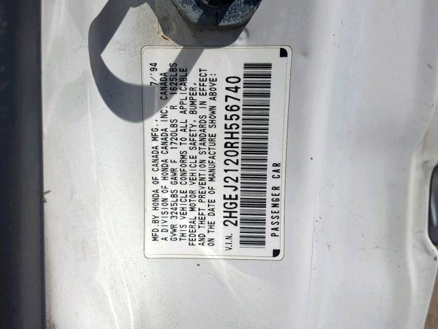 2HGEJ2120RH556740 - 1994 HONDA CIVIC DX WHITE photo 10