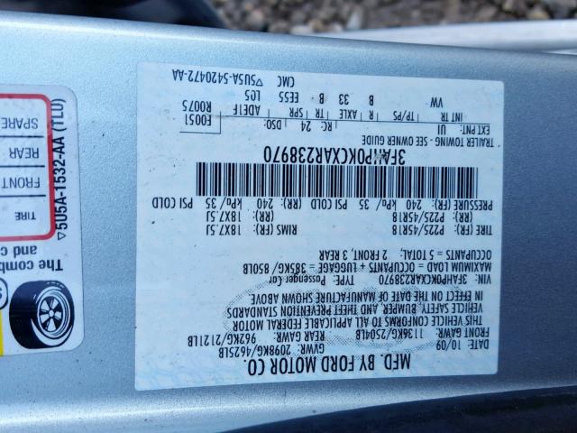 3FAHP0KCXAR238970 - 2010 FORD FUSION SPO SILVER photo 10