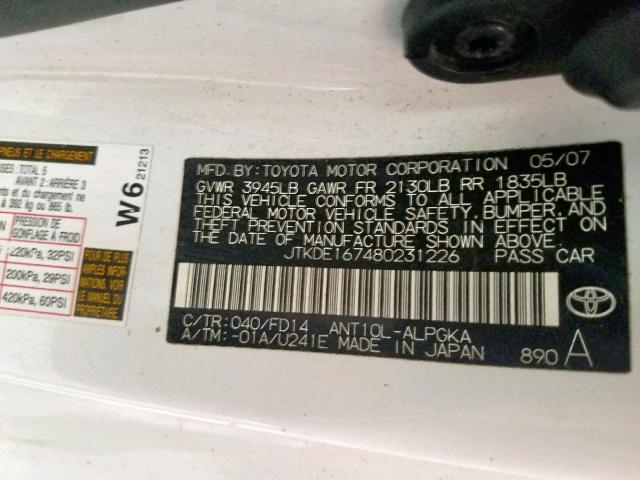 JTKDE167480231226 - 2008 TOYOTA SCION TC 白色 照片 10