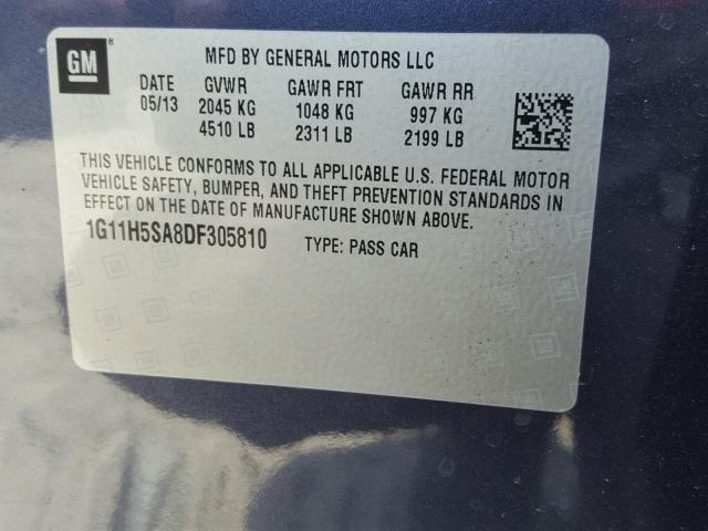 1G11H5SA8DF305810 - 2013 CHEVROLET MALIBU LTZ ლურჯი ფოტო 10