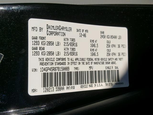 1D4GP45R87B150089 - 2007 DODGE CARAVAN SX BLACK photo 10