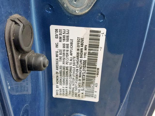 5J6YH187X6L010300 - 2006 HONDA ELEMENT EX BLUE photo 10