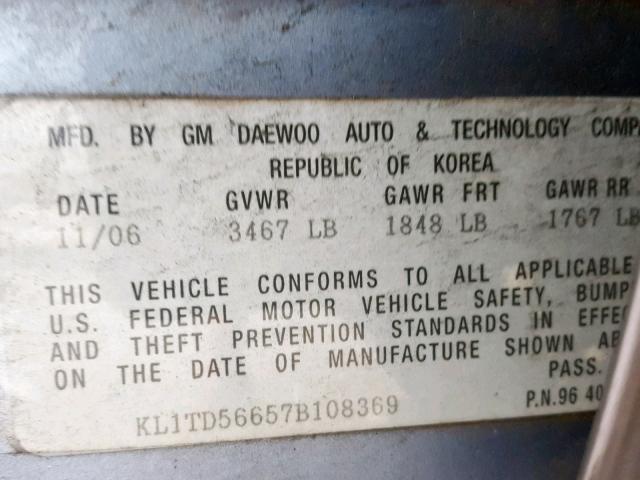 KL1TD56657B108369 - 2007 CHEVROLET AVEO BASE 蓝色 照片 10