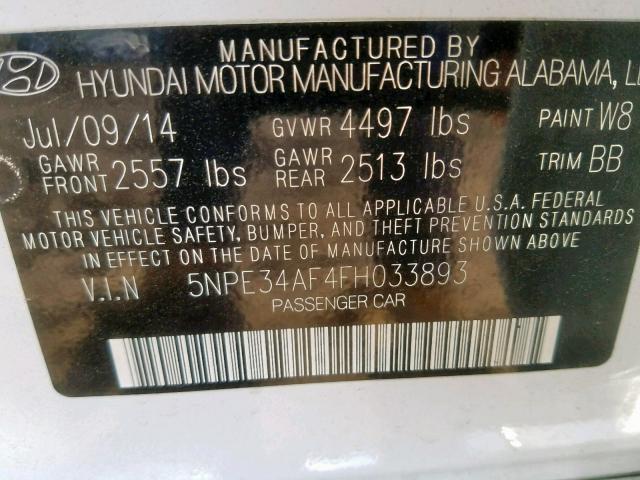 5NPE34AF4FH033893 - 2015 HYUNDAI SONATA SPO WHITE photo 10