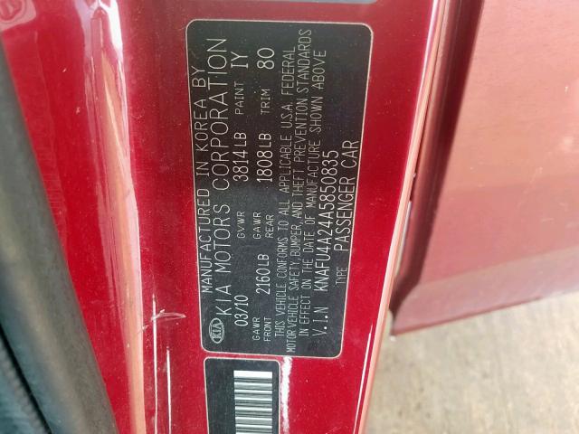 KNAFU4A24A5850835 - 2010 KIA FORTE EX MAROON photo 10