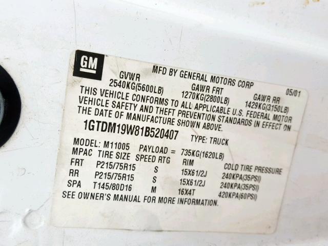 1GTDM19W81B520407 - 2001 GMC SAFARI XT WHITE photo 10