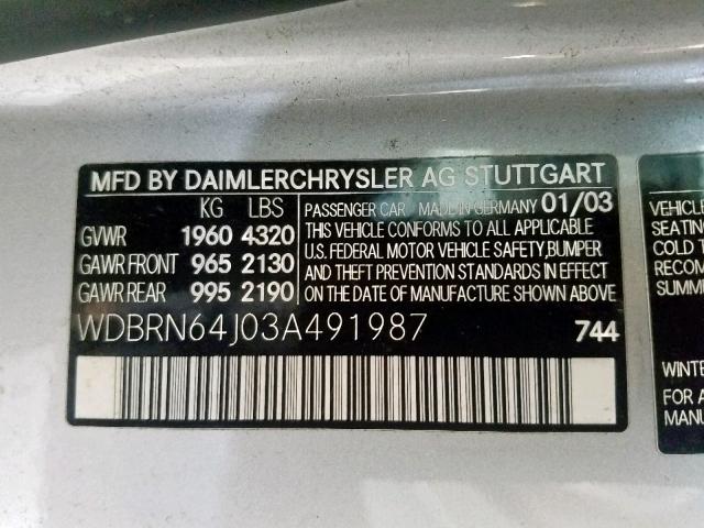 WDBRN64J03A491987 - 2003 MERCEDES-BENZ C 320 SPOR SILVER photo 10