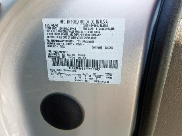 1LNHM86S9YY910205 - 2000 LINCOLN LS ვერცხლისფერი ფოტო 10