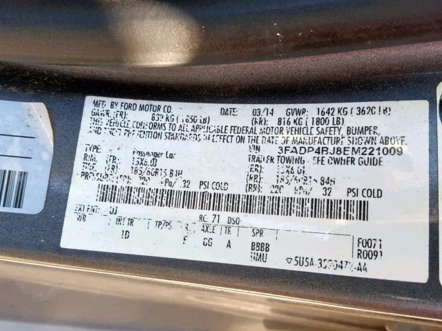 3FADP4BJ8EM221009 - 2014 FORD FIESTA SE GRAY photo 10