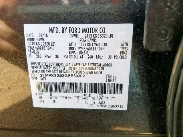 2FMPK3G92GBB30302 - 2016 FORD EDGE SE GRAY photo 10