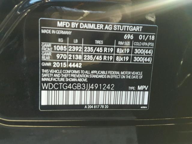 WDCTG4GB3JJ491242 - 2018 MERCEDES-BENZ GLA 250 4M BLACK photo 10