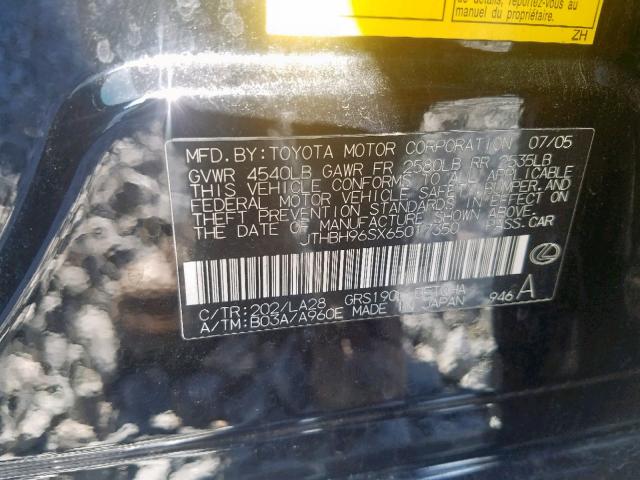 JTHBH96SX65017350 - 2006 LEXUS GS 300 BLACK photo 10