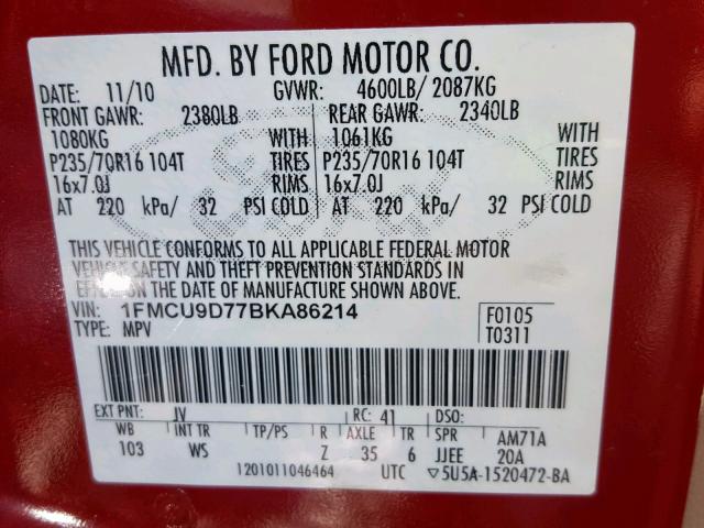 1FMCU9D77BKA86214 - 2011 FORD ESCAPE XLT RED photo 10