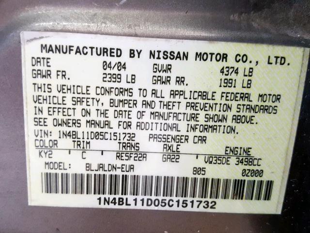 1N4BL11D05C151732 - 2005 NISSAN ALTIMA SE TAN photo 10