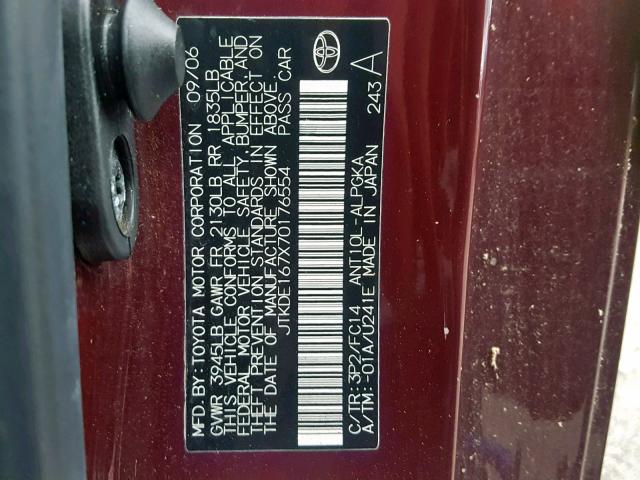 JTKDE167X70176554 - 2007 TOYOTA SCION TC იასამნისფერი ფოტო 10