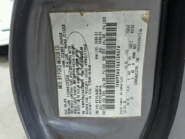 1FAFP56U16A139074 - 2006 FORD TAURUS SEL GRAY photo 10