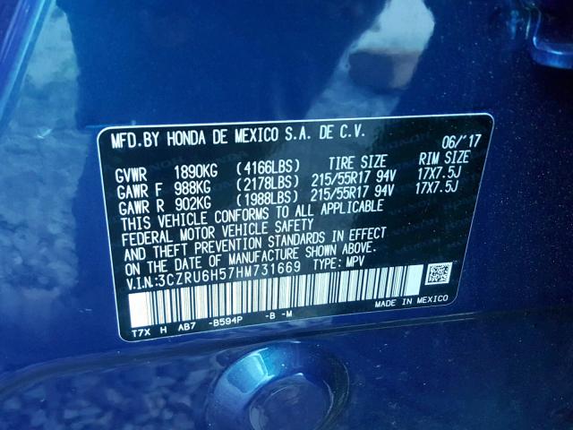 3CZRU6H57HM731669 - 2017 HONDA HR-V EX BLUE photo 10