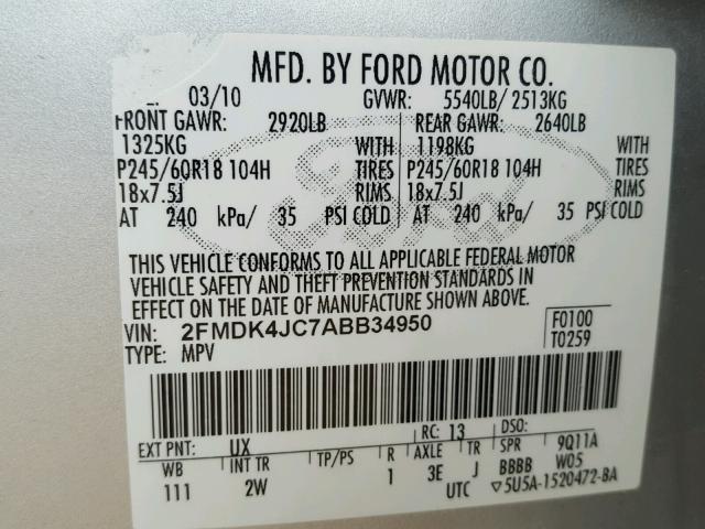 2FMDK4JC7ABB34950 - 2010 FORD EDGE SEL SILVER photo 10