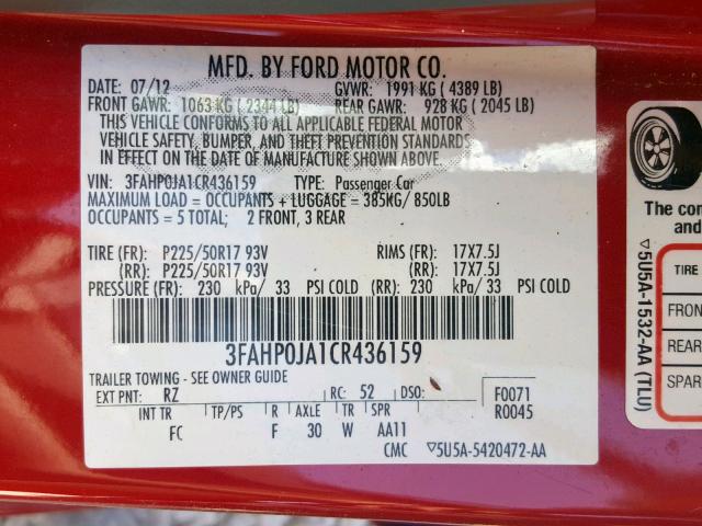 3FAHP0JA1CR436159 - 2012 FORD FUSION SEL RED photo 10