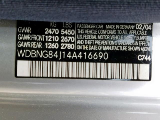 WDBNG84J14A416690 - 2004 MERCEDES-BENZ S 500 4MAT SILVER photo 10