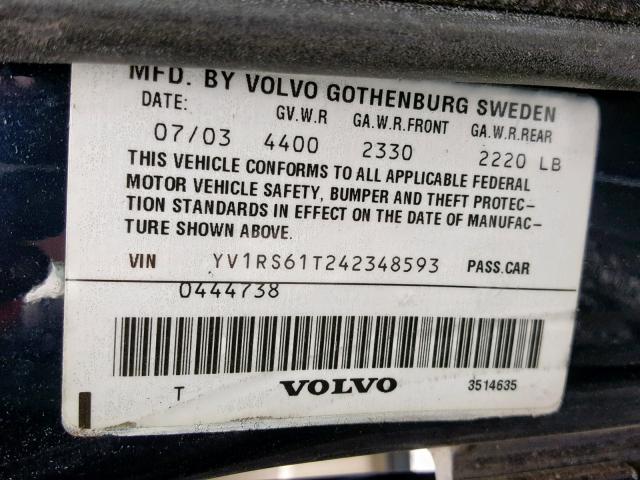 YV1RS61T242348593 - 2004 VOLVO S60 BLUE photo 10