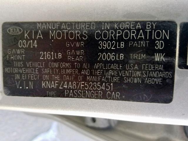 KNAFZ4A87E5235451 - 2014 KIA FORTE EX SILVER photo 10