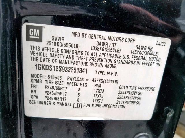 1GKDS13S932351341 - 2003 GMC ENVOY BLACK photo 10