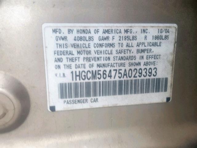 1HGCM56475A029393 - 2005 HONDA ACCORD LX GOLD photo 10