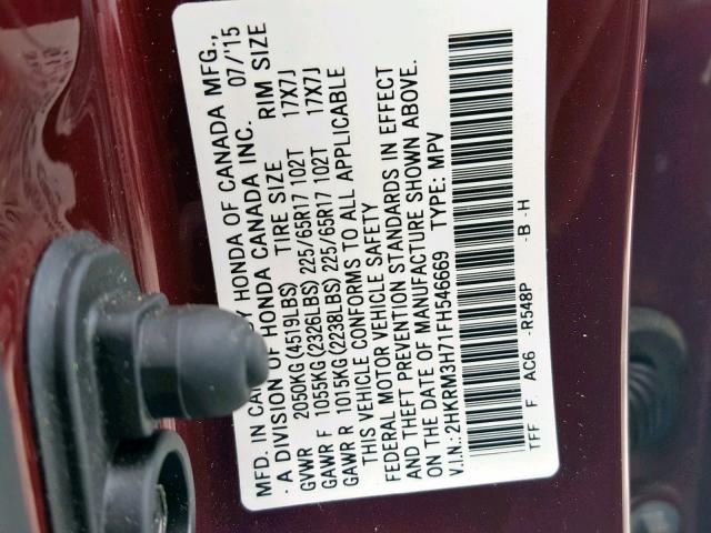 2HKRM3H71FH546669 - 2015 HONDA CR-V EXL BURGUNDY photo 10