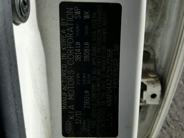 KNAFU4A27C5572368 - 2012 KIA FORTE EX WHITE photo 10