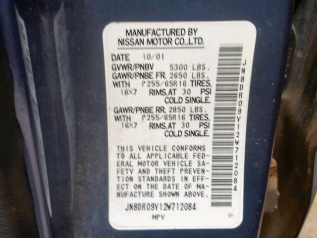 JN8DR09Y12W712084 - 2002 NISSAN PATHFINDER BLUE photo 10