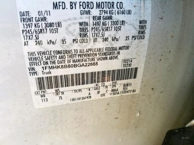 1FMHK8B80BGA22665 - 2011 FORD EXPLORER WHITE photo 10