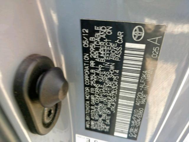 JTKJF5C73D3047514 - 2013 TOYOTA SCION TC ვერცხლისფერი ფოტო 10